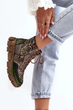 Damskie Maciejka Wzorzyste Botki Damskie Skórzane 06145-24 Oliwkowe