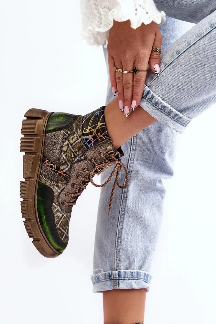 Damskie Maciejka Wzorzyste Botki Damskie Skórzane 06145-24 Oliwkowe