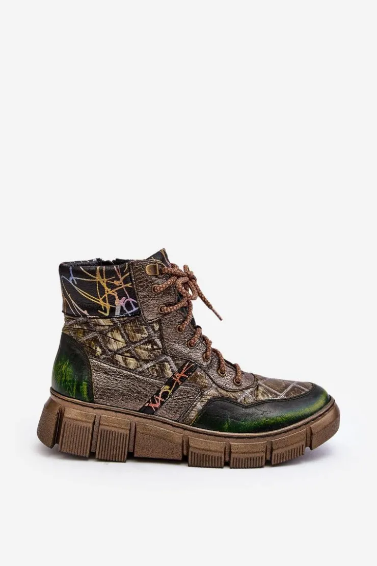 Damskie Maciejka Wzorzyste Botki Damskie Skórzane 06145-24 Oliwkowe