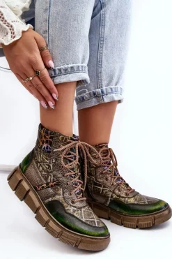 Damskie Maciejka Wzorzyste Botki Damskie Skórzane 06145-24 Oliwkowe