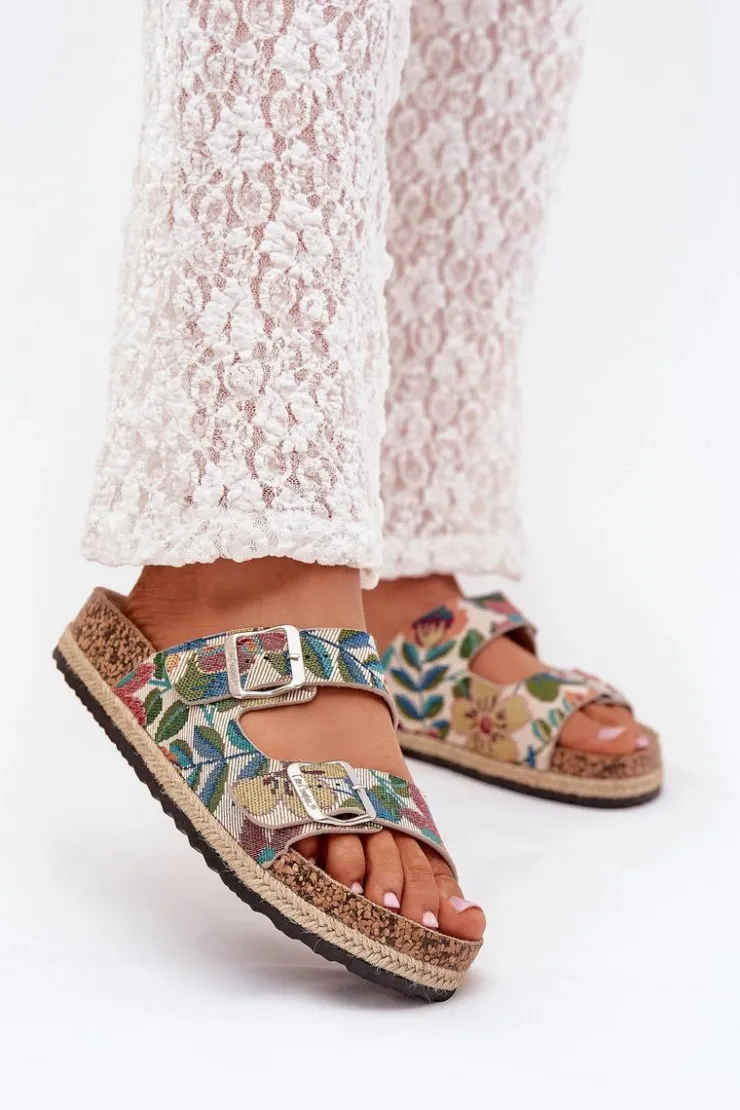 Lee Cooper Klapki Korkowe|Klapki Na Platformie*Wzorzyste Klapki Damskie Na Korkowej Platformie Z Klamrami LCW-25-35-3480L Multikolor Wielokolorowy