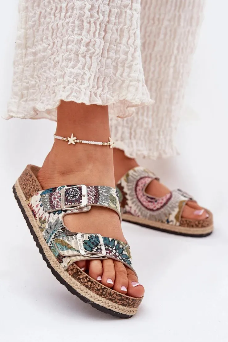 Hot Lee Cooper Wzorzyste Klapki Damskie Na Korkowej Platformie Z Klamrami LCW-25-35-3483L Multikolor Wielokolorowy