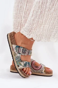 Hot Lee Cooper Wzorzyste Klapki Damskie Na Korkowej Platformie Z Klamrami LCW-25-35-3483L Multikolor Wielokolorowy