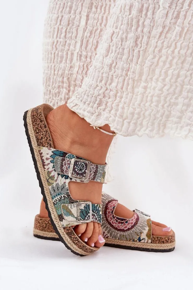 Hot Lee Cooper Wzorzyste Klapki Damskie Na Korkowej Platformie Z Klamrami LCW-25-35-3483L Multikolor Wielokolorowy