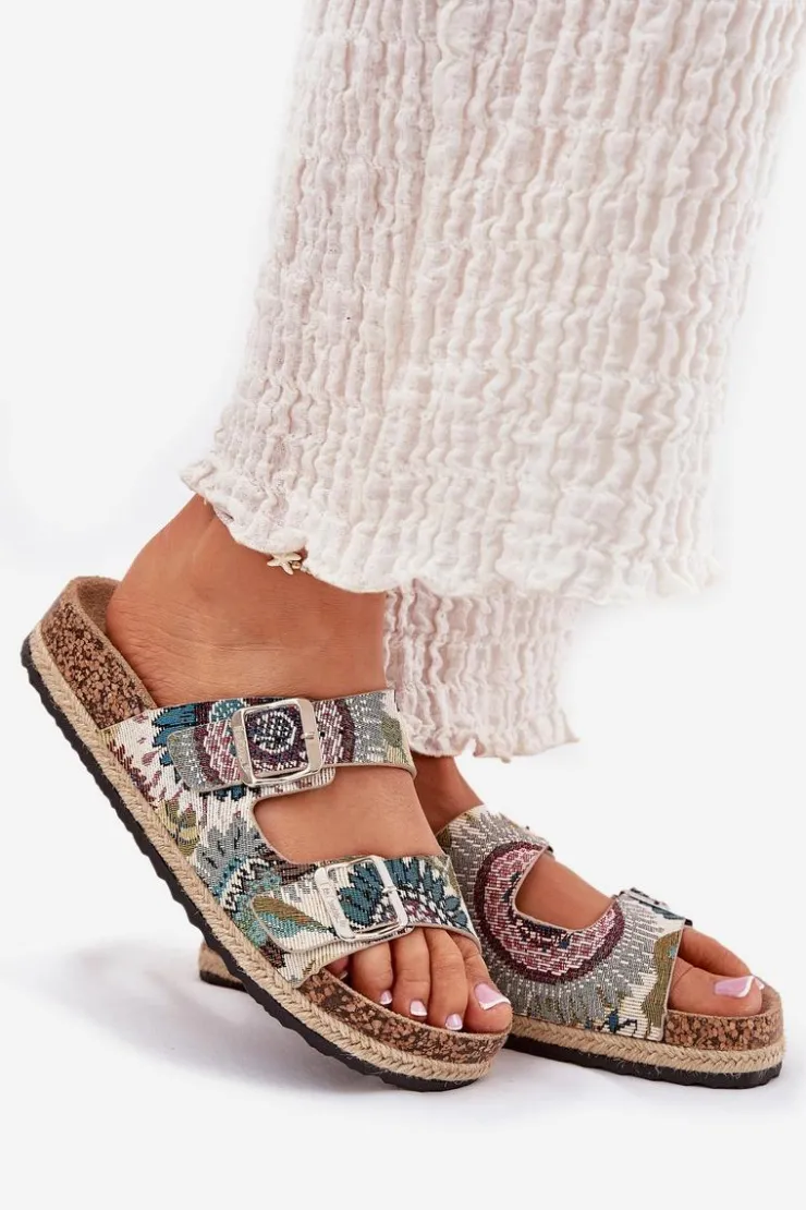 Hot Lee Cooper Wzorzyste Klapki Damskie Na Korkowej Platformie Z Klamrami LCW-25-35-3483L Multikolor Wielokolorowy