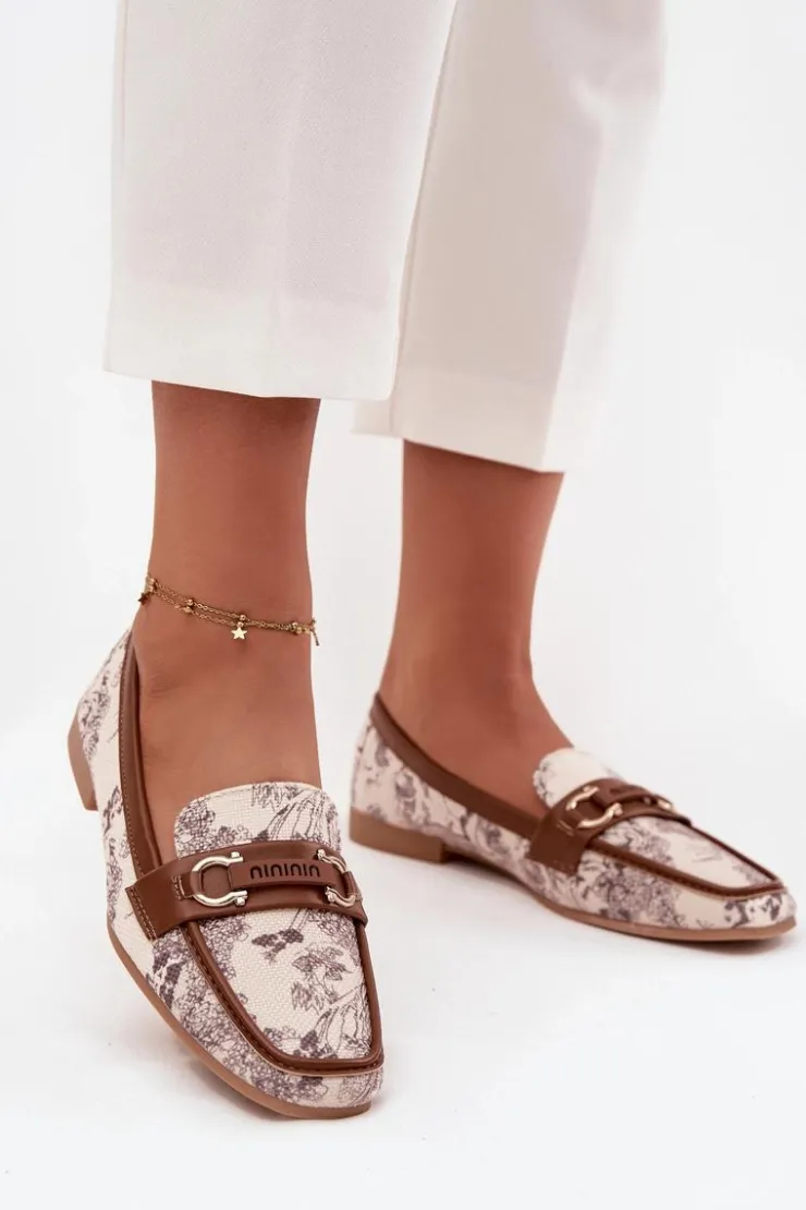 Hot Boto Wzorzyste Mokasyny Loafersy Damskie Z Ozdobnym Elementem Beżowo-Brązowe Evelora