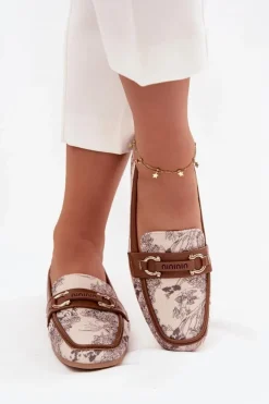 Hot Boto Wzorzyste Mokasyny Loafersy Damskie Z Ozdobnym Elementem Beżowo-Brązowe Evelora