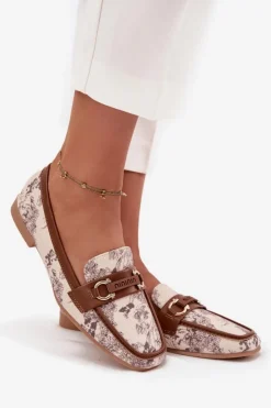 Hot Boto Wzorzyste Mokasyny Loafersy Damskie Z Ozdobnym Elementem Beżowo-Brązowe Evelora