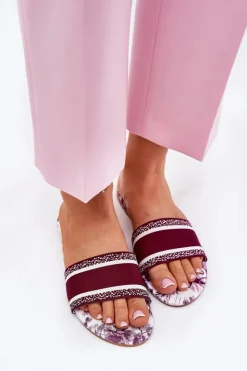 New Boto Wzorzyste Płaskie Klapki Damskie Bordowe Leysi Czerwony