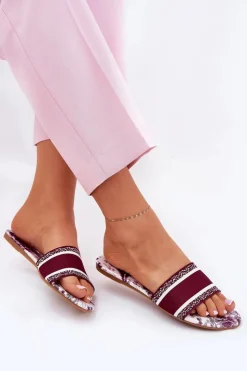 New Boto Wzorzyste Płaskie Klapki Damskie Bordowe Leysi Czerwony