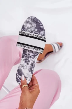 Online Boto Wzorzyste Płaskie Klapki Damskie Białe Leysi Biały