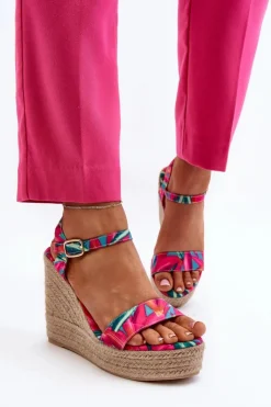 Boto Sandały Na Koturnie*Wzorzyste Sandały Na Koturnie Z Plecionki Fuksja Anihazra