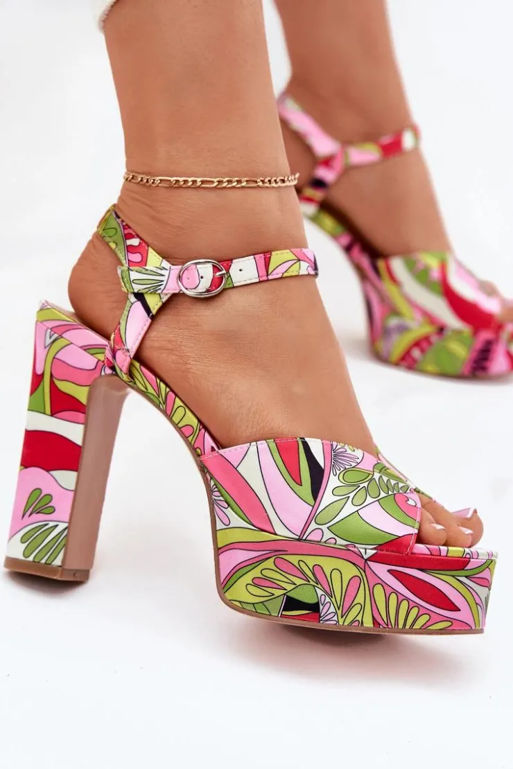 Discount Boto Wzorzyste Sandały Na Słupku I Platformie Różowo-Zielone Slaria