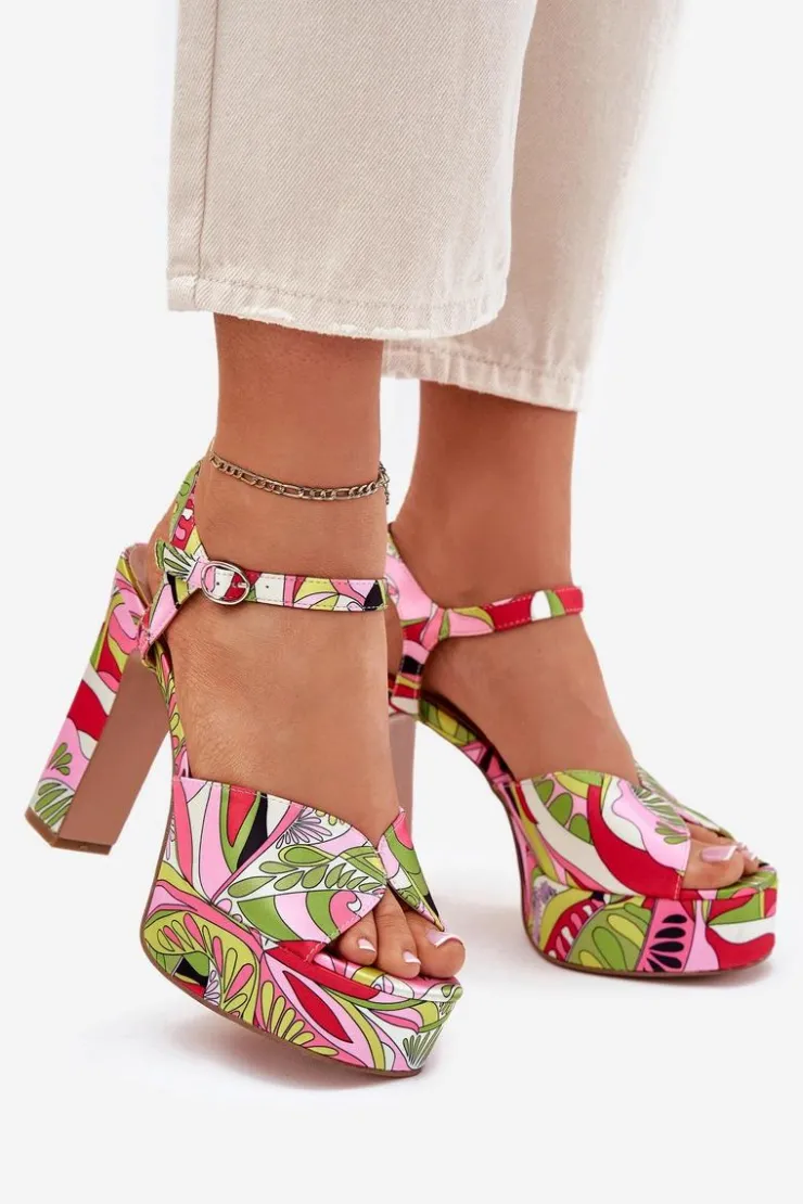 Discount Boto Wzorzyste Sandały Na Słupku I Platformie Różowo-Zielone Slaria