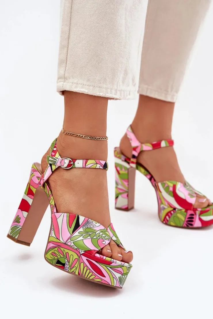 Discount Boto Wzorzyste Sandały Na Słupku I Platformie Różowo-Zielone Slaria