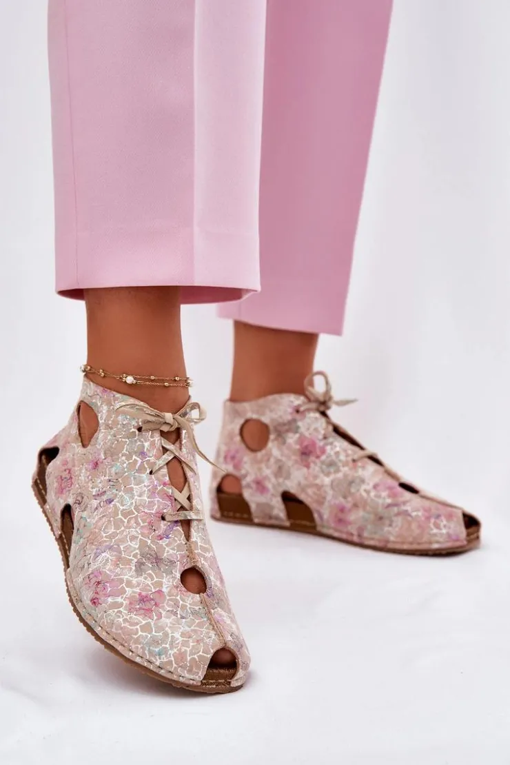 Maciejka Wzorzyste Skórzane Botki 03426-48 Beżowe Beżowy