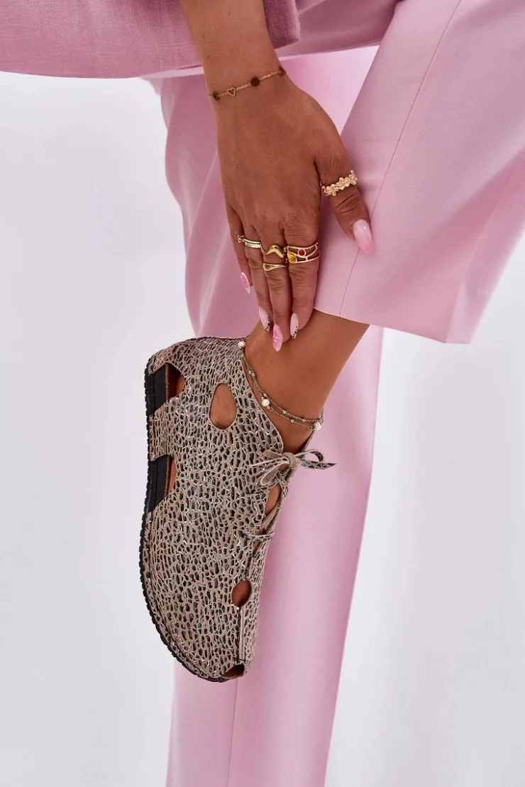 Maciejka Sandały Płaskie|Botki Wiosenne*Wzorzyste Skórzane Botki 03426-49 Panterka Beżowy