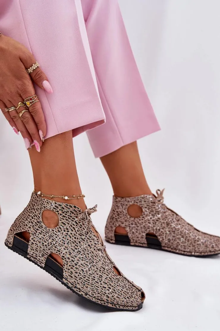 Maciejka Sandały Płaskie|Botki Wiosenne*Wzorzyste Skórzane Botki 03426-49 Panterka Beżowy