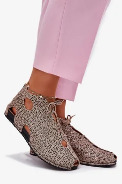 Maciejka Sandały Płaskie|Botki Wiosenne*Wzorzyste Skórzane Botki 03426-49 Panterka Beżowy