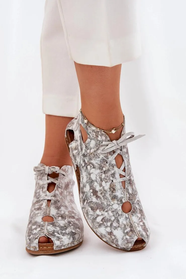 Maciejka Wzorzyste Skórzane Botki 03426-46 Biało-Beżowe