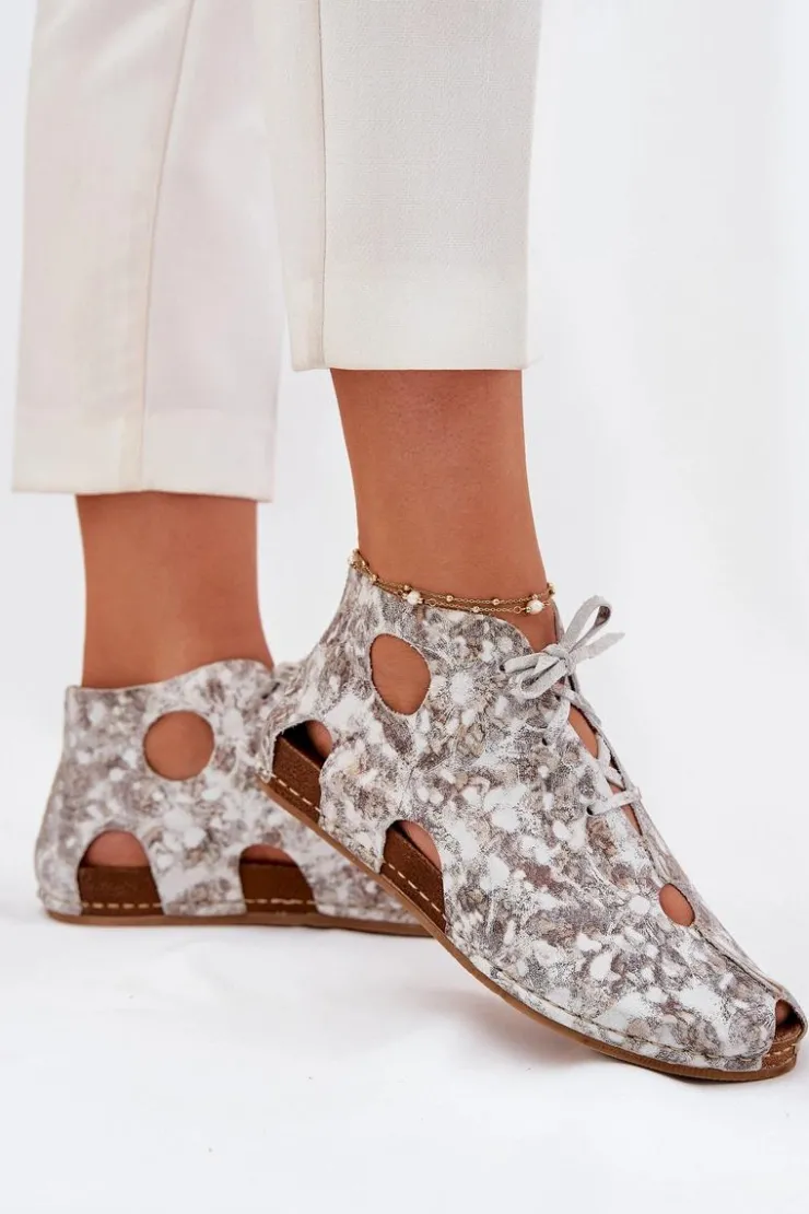Maciejka Wzorzyste Skórzane Botki 03426-46 Biało-Beżowe
