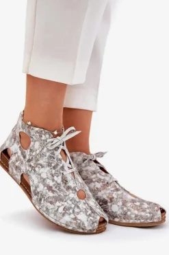 Maciejka Wzorzyste Skórzane Botki 03426-46 Biało-Beżowe