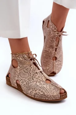 Maciejka Sandały Płaskie|Botki Wiosenne*Wzorzyste Skórzane Botki 03426-02 Beżowe Beżowy