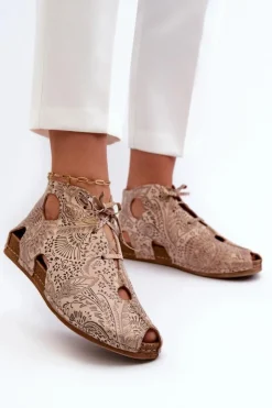 Maciejka Sandały Płaskie|Botki Wiosenne*Wzorzyste Skórzane Botki 03426-02 Beżowe Beżowy