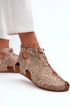 Maciejka Sandały Płaskie|Botki Wiosenne*Wzorzyste Skórzane Botki 03426-02 Beżowe Beżowy