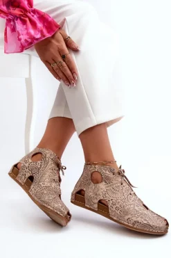 Maciejka Sandały Płaskie|Botki Wiosenne*Wzorzyste Skórzane Botki 03426-02 Beżowe Beżowy