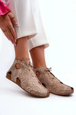 Maciejka Sandały Płaskie|Botki Wiosenne*Wzorzyste Skórzane Botki 03426-02 Beżowe Beżowy