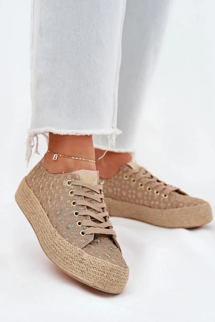 Outlet Lee Cooper Wzorzyste Trampki Damskie Na Platformie Z Plecionką LCW-25-08-3646L Khaki Beżowy