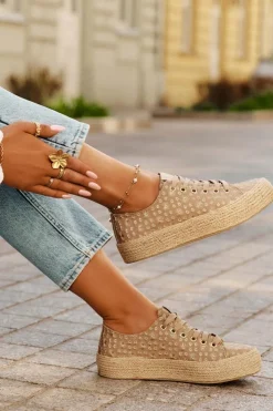 Outlet Lee Cooper Wzorzyste Trampki Damskie Na Platformie Z Plecionką LCW-25-08-3646L Khaki Beżowy
