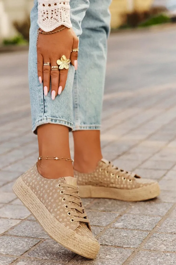 Outlet Lee Cooper Wzorzyste Trampki Damskie Na Platformie Z Plecionką LCW-25-08-3646L Khaki Beżowy