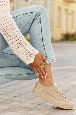 Outlet Lee Cooper Wzorzyste Trampki Damskie Na Platformie Z Plecionką LCW-25-08-3646L Khaki Beżowy