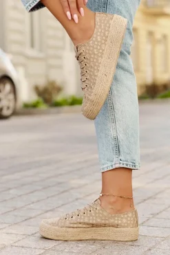 Outlet Lee Cooper Wzorzyste Trampki Damskie Na Platformie Z Plecionką LCW-25-08-3646L Khaki Beżowy