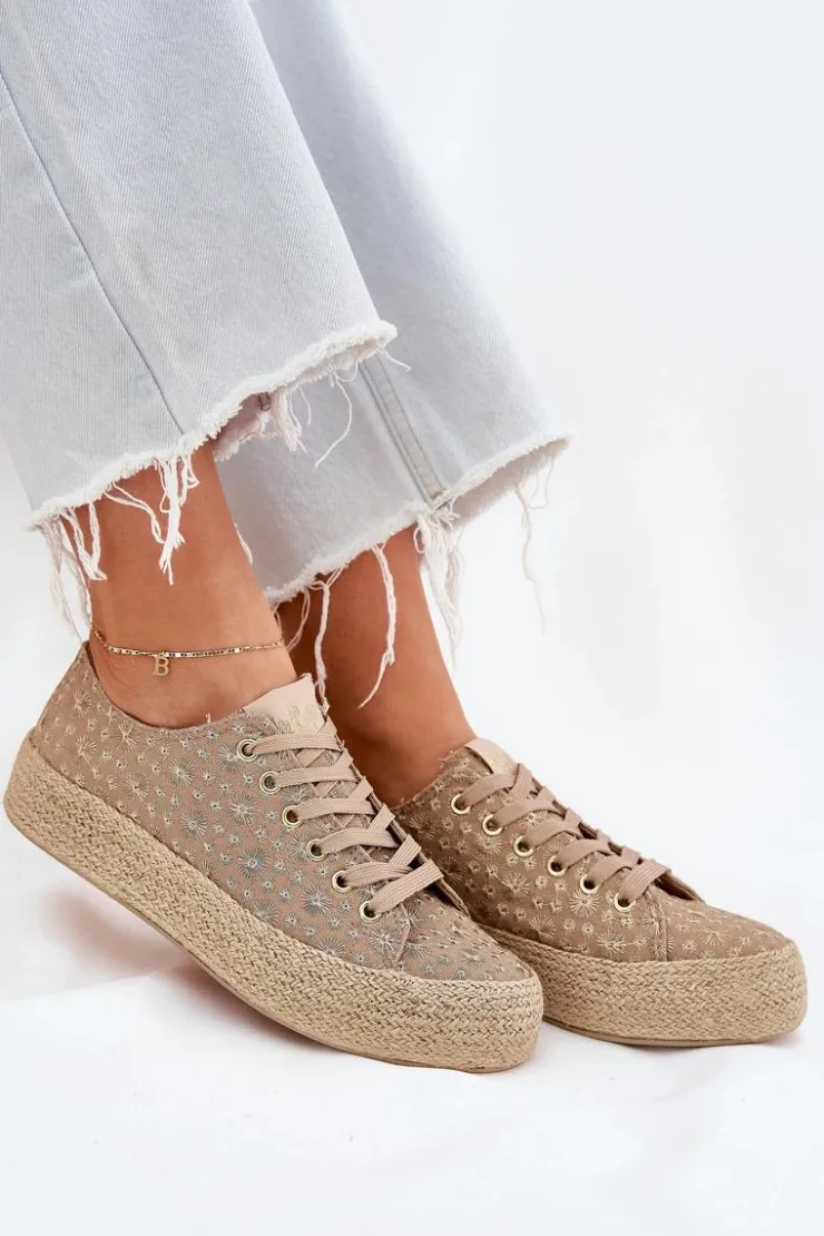 Outlet Lee Cooper Wzorzyste Trampki Damskie Na Platformie Z Plecionką LCW-25-08-3646L Khaki Beżowy