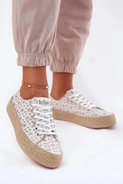 Damskie Lee Cooper Wzorzyste Trampki Damskie Na Platformie Z Plecionką LCW-25-08-3648L Biało-Złote