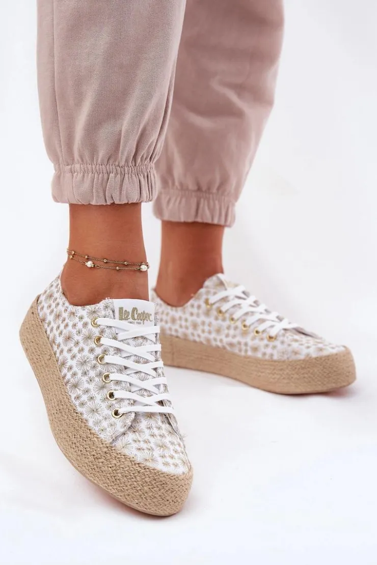Damskie Lee Cooper Wzorzyste Trampki Damskie Na Platformie Z Plecionką LCW-25-08-3648L Biało-Złote