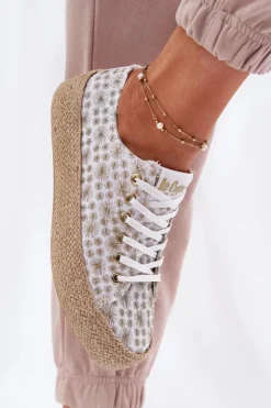 Damskie Lee Cooper Wzorzyste Trampki Damskie Na Platformie Z Plecionką LCW-25-08-3648L Biało-Złote