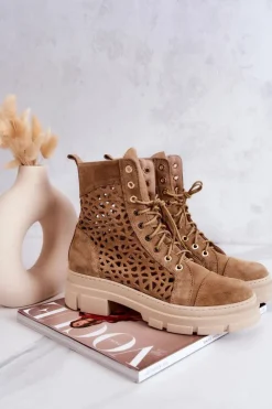 Damskie Boto Zamszowe Ażurowe Botki Camel Aileen