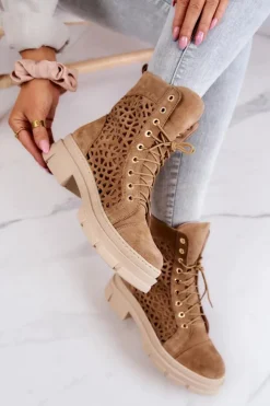 Damskie Boto Zamszowe Ażurowe Botki Camel Aileen