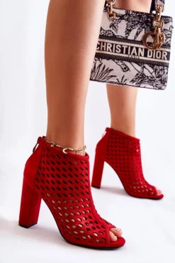 Boto Botki Wiosenne|Botki Na Słupku*Zamszowe Ażurowe Botki Czerwone Jenissa