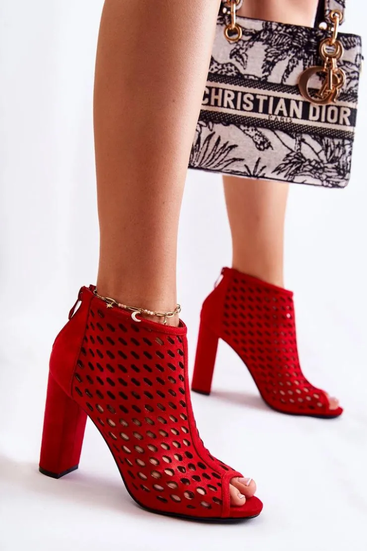 Boto Botki Wiosenne|Botki Na Słupku*Zamszowe Ażurowe Botki Czerwone Jenissa