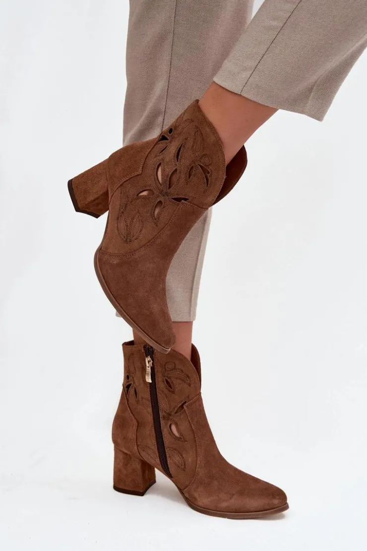 Hot Zazoo Zamszowe Ażurowe Botki Damskie Na Słupku 3647 Brązowe Brązowy