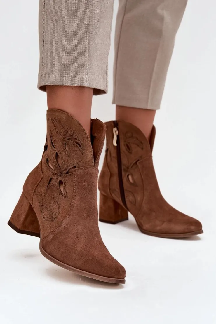Hot Zazoo Zamszowe Ażurowe Botki Damskie Na Słupku 3647 Brązowe Brązowy