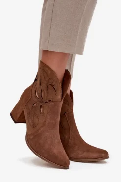 Hot Zazoo Zamszowe Ażurowe Botki Damskie Na Słupku 3647 Brązowe Brązowy