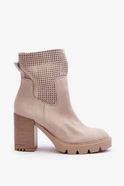 Hot Boto Zamszowe Ażurowe Botki Damskie Na Słupku Jasnobeżowe Lewski 3386 Beżowy