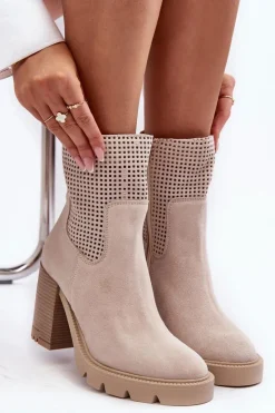 Hot Boto Zamszowe Ażurowe Botki Damskie Na Słupku Jasnobeżowe Lewski 3386 Beżowy