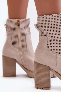 Hot Boto Zamszowe Ażurowe Botki Damskie Na Słupku Jasnobeżowe Lewski 3386 Beżowy